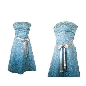 Womens French Farmhouse Style Blue Brocade Dress w/ Satin Ribbon Belt | small